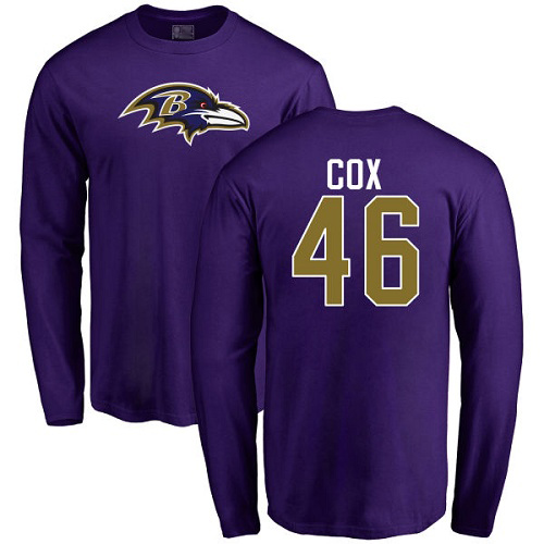 Men Baltimore Ravens Purple Morgan Cox Name and Number Logo NFL Football #46 Long Sleeve T Shirt